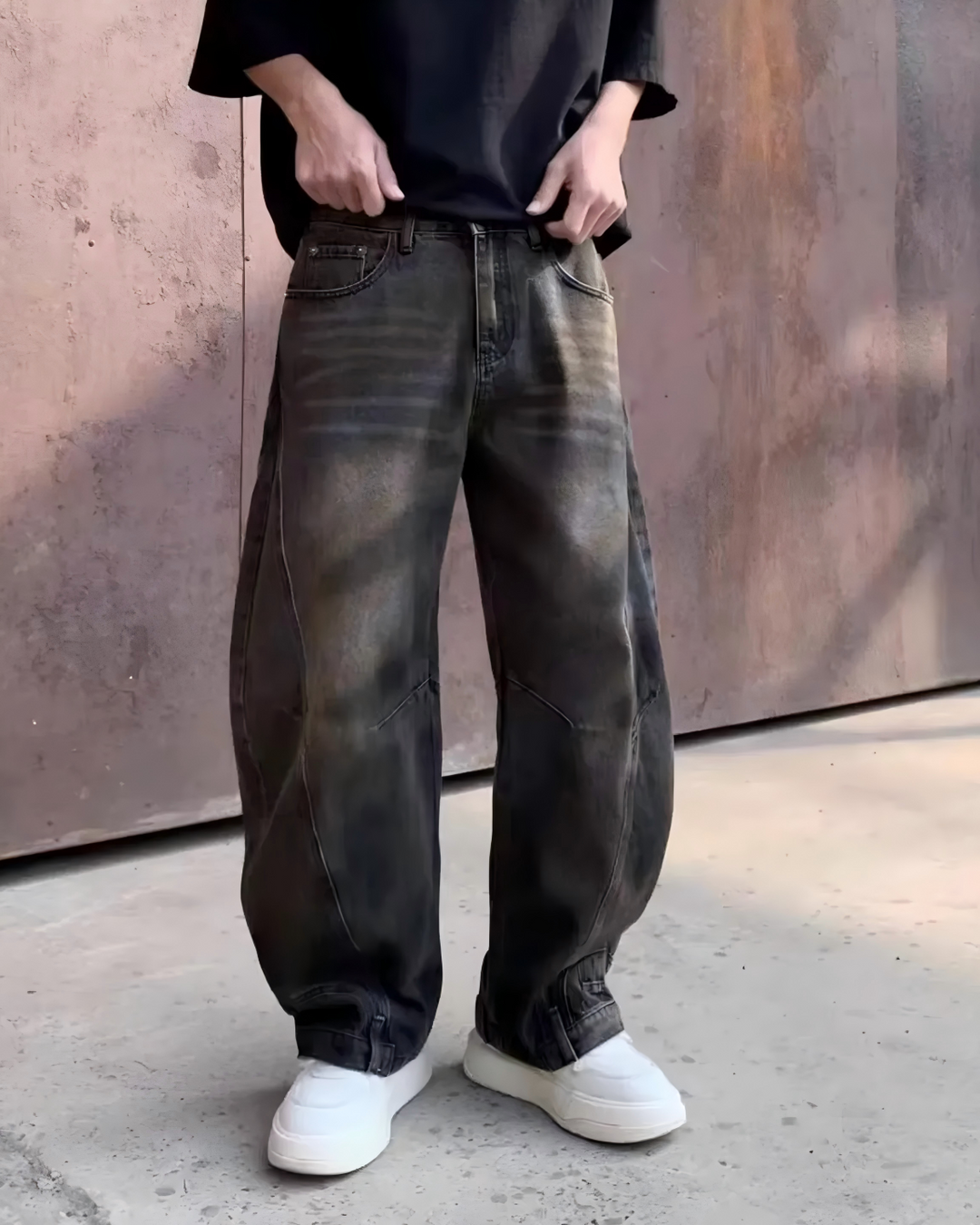 STEP BLOCK MT025 Vintage Washed Baggy Jeans