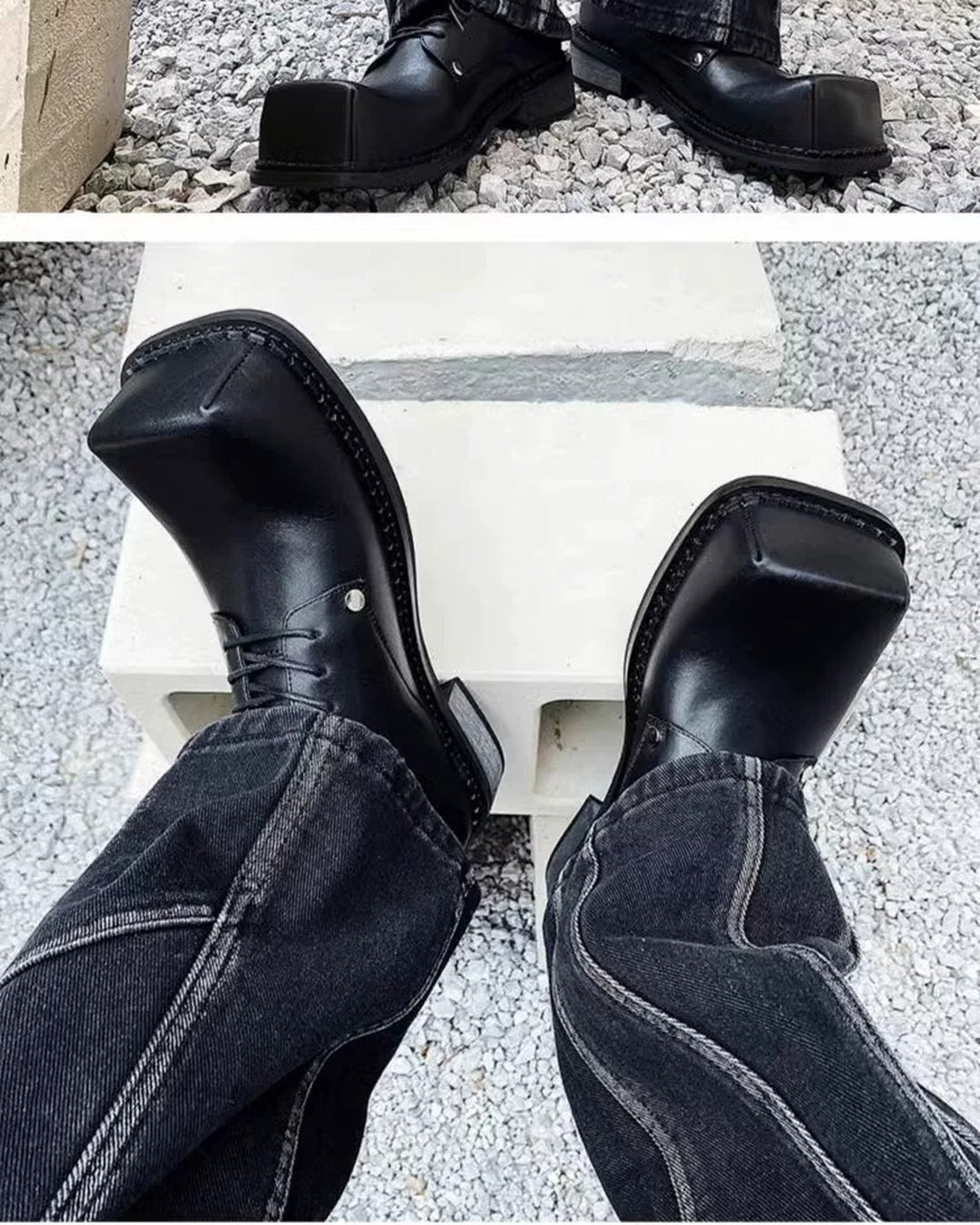 Additional product image of Black Leather Gothic Square-Toe Chunky Heel Shoes