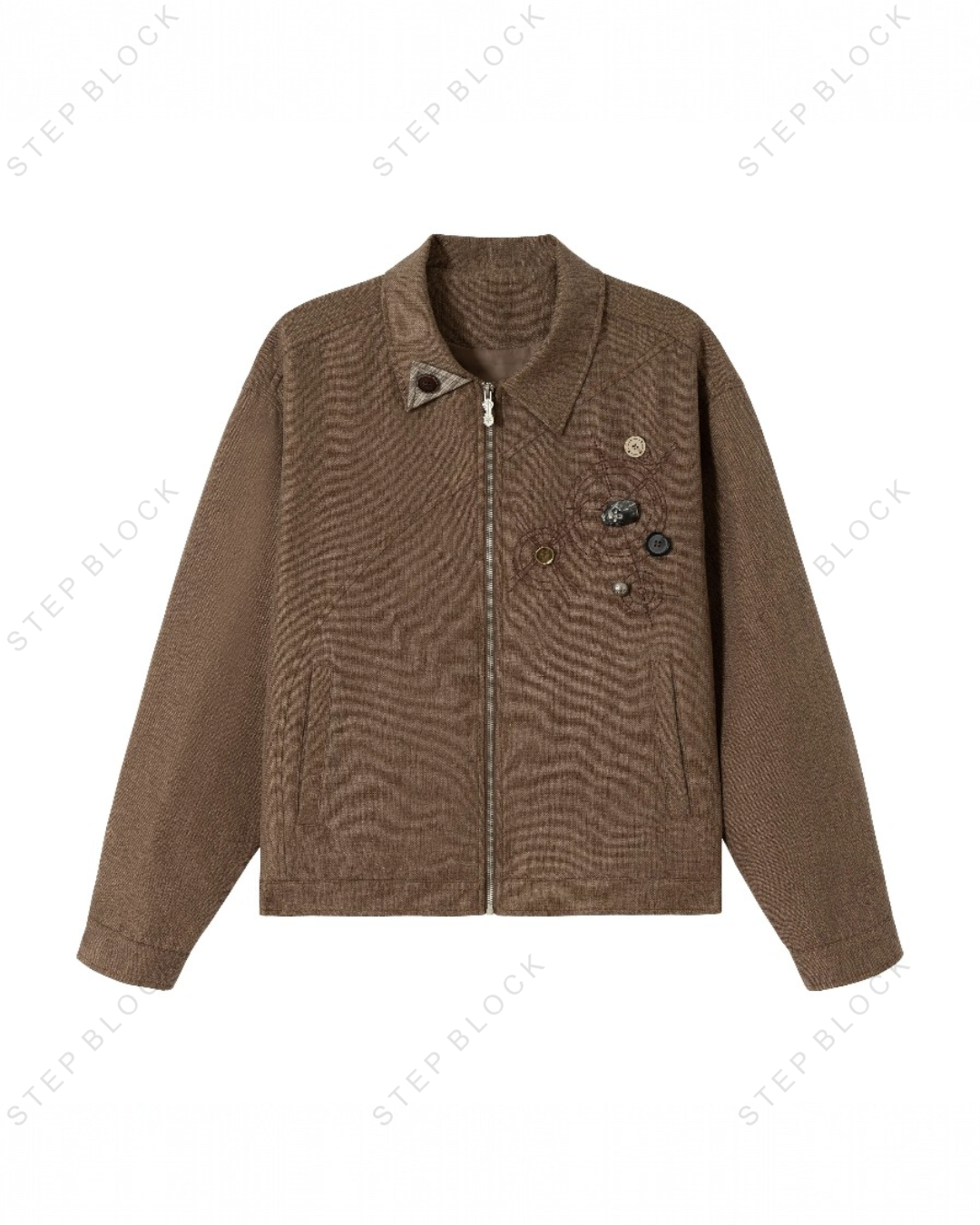 STEP BLOCK ST005 Vintage Washed Badge Detail Workwear Zip-Up Jacket