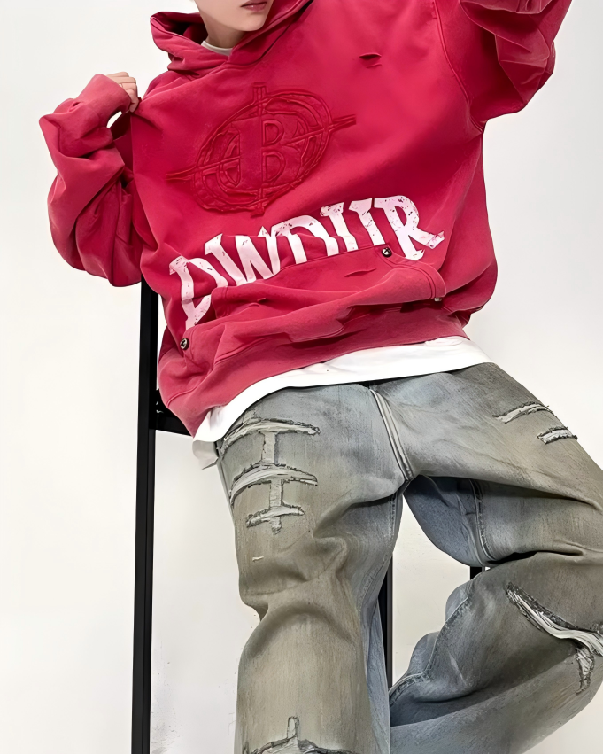 STEP BLOCK ST1011 Graphic Print Distressed Hoodie