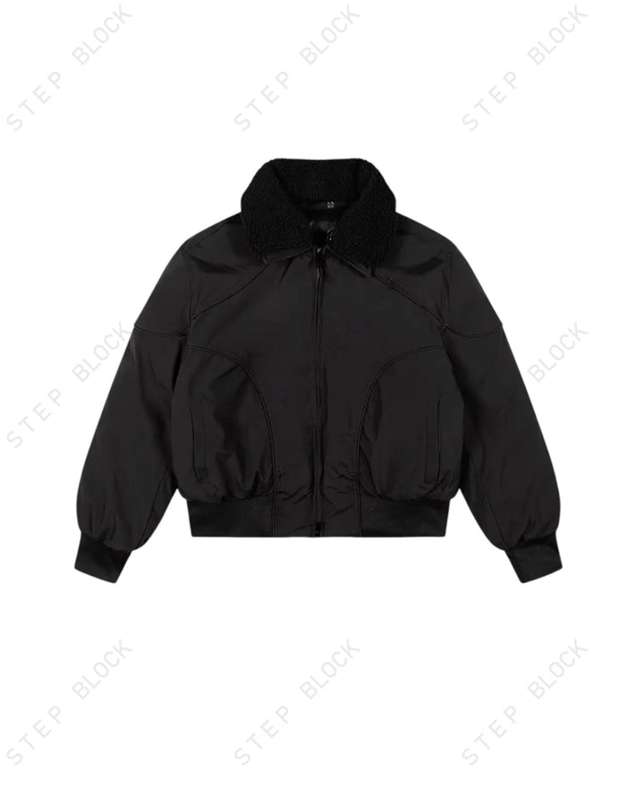 STEP BLOCK ST055 Shearling Collar Washed Utility Bomber Jacket