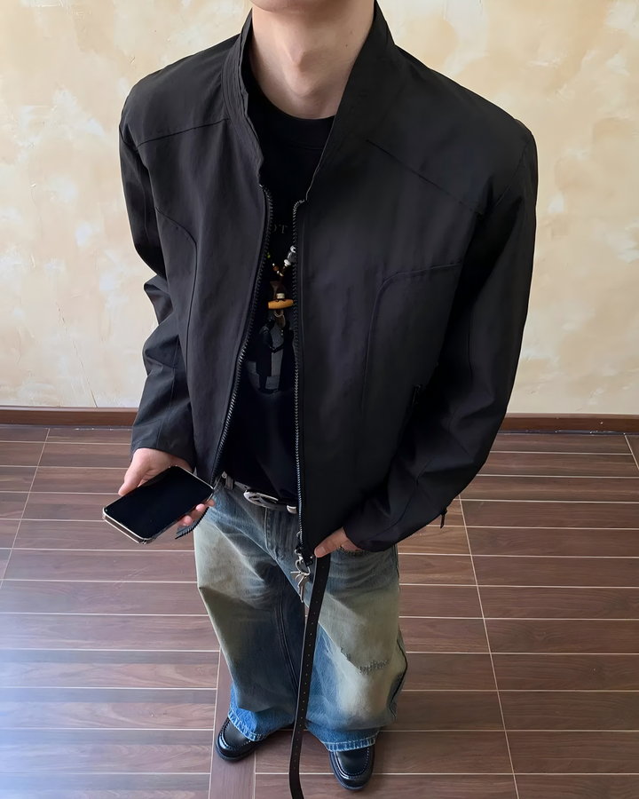 STEP BLOCK ST053 Minimalist Stand Collar Washed Zip-Up Harrington Jacket