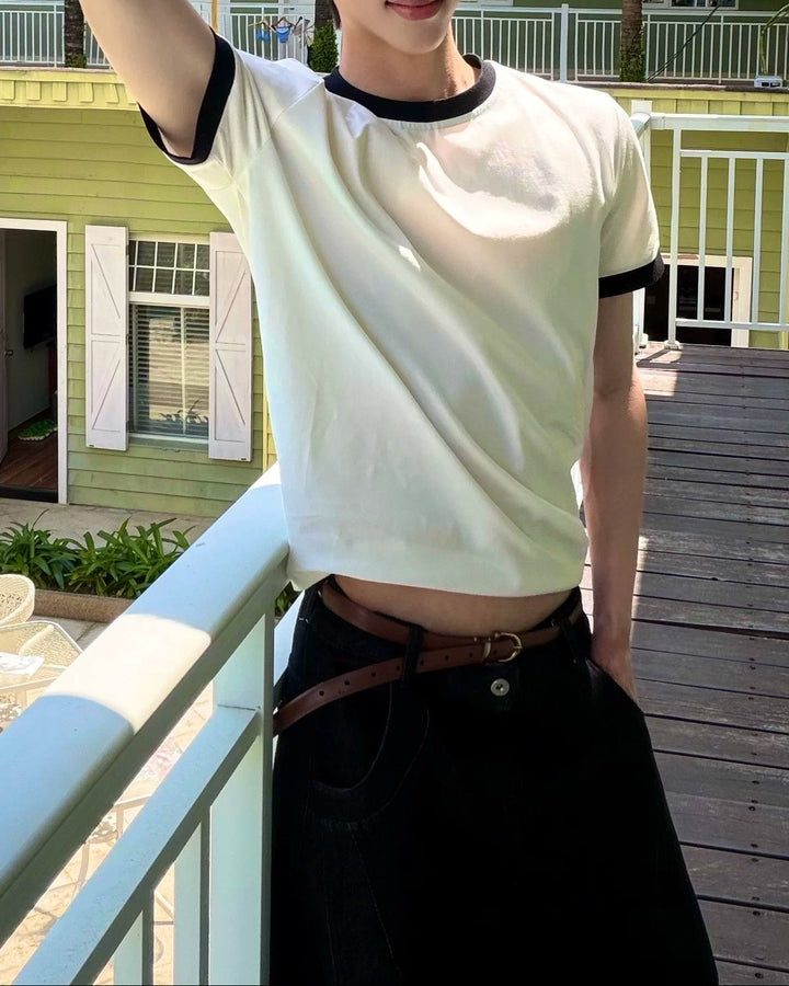 Side view of Black Trim White Oversized T-Shirt
