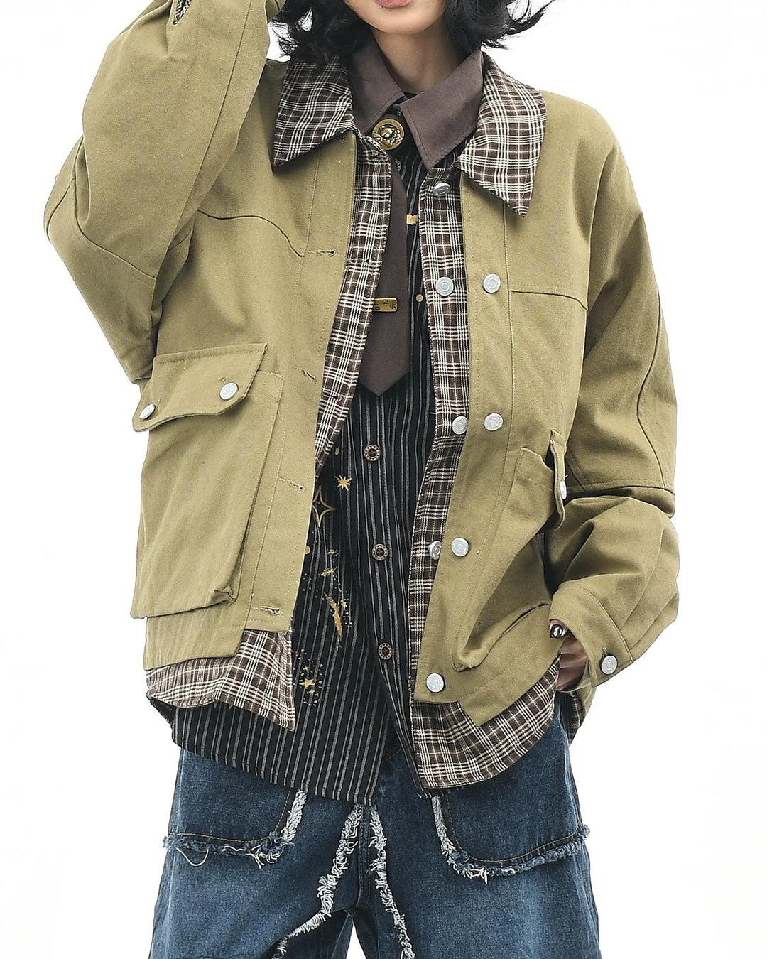 Additional product image of Plaid Contrast Collar Utility Pocket Workwear Jacket