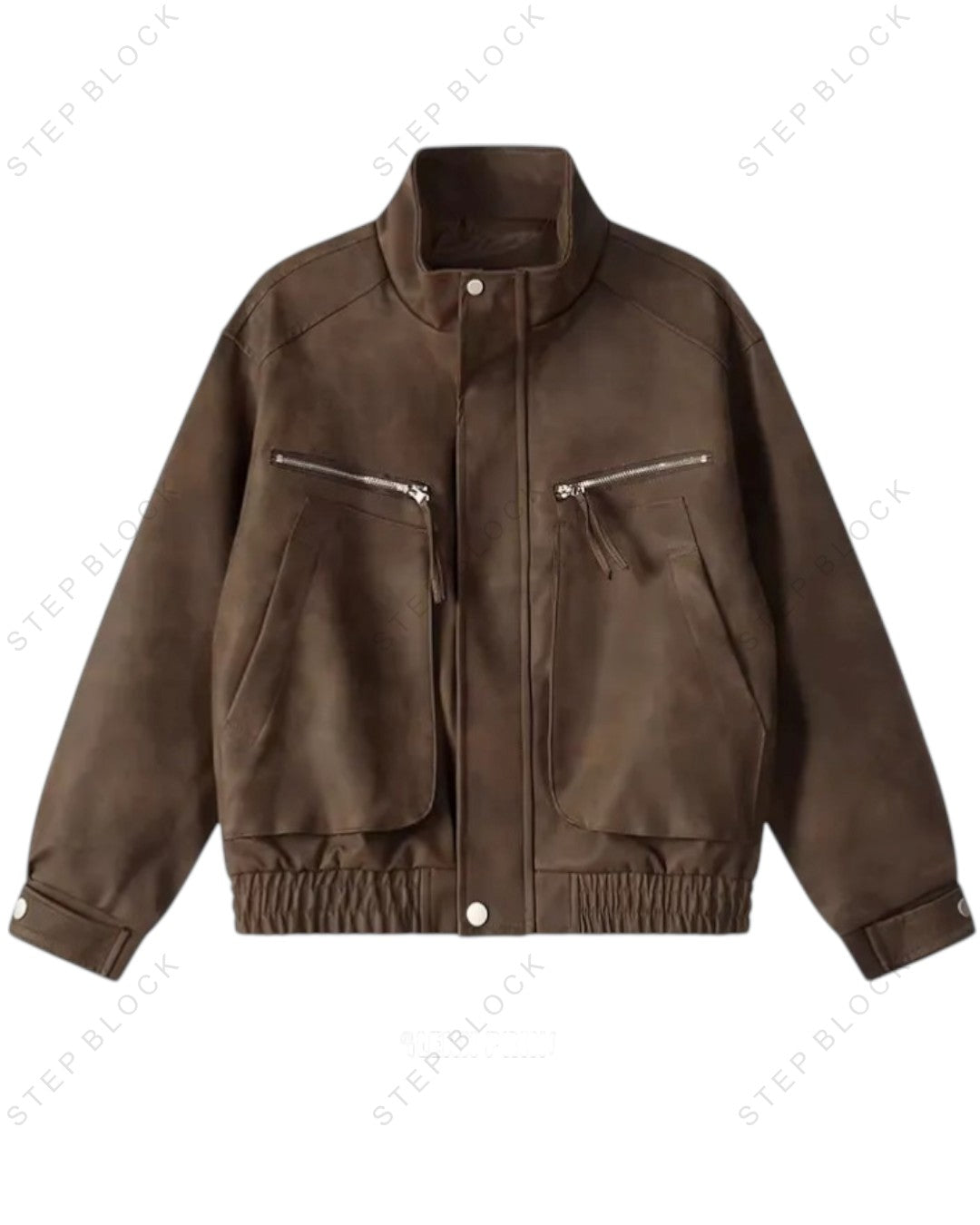 STEP BLOCK ST013 Washed Leather-Look Multi-Zipper Flight Jacket