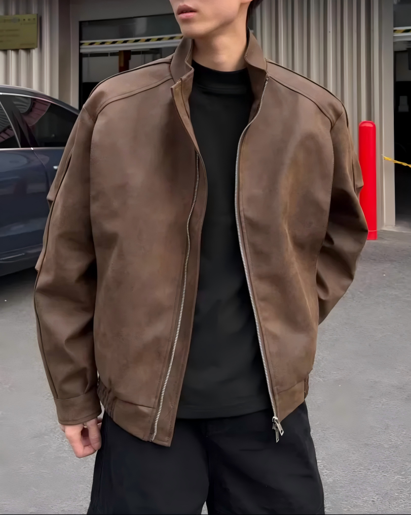 STEP BLOCK ST008 Washed Faux Leather Stand Collar Zip-Up Jacket