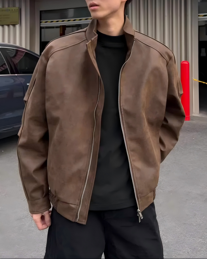 STEP BLOCK ST008 Washed Faux Leather Stand Collar Zip-Up Jacket
