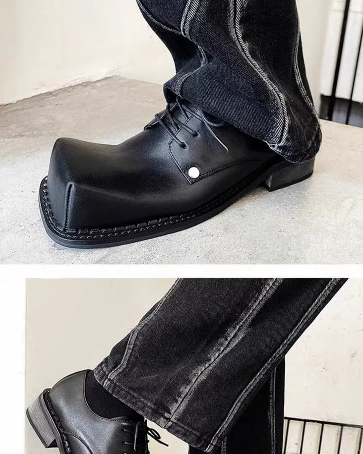 Additional product image of Black Leather Gothic Square-Toe Chunky Heel Shoes