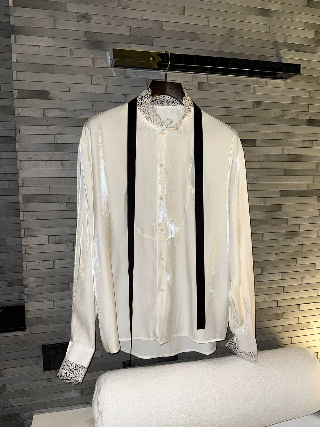 Additional product image of Lace Trim Tie Long Sleeve Shirt