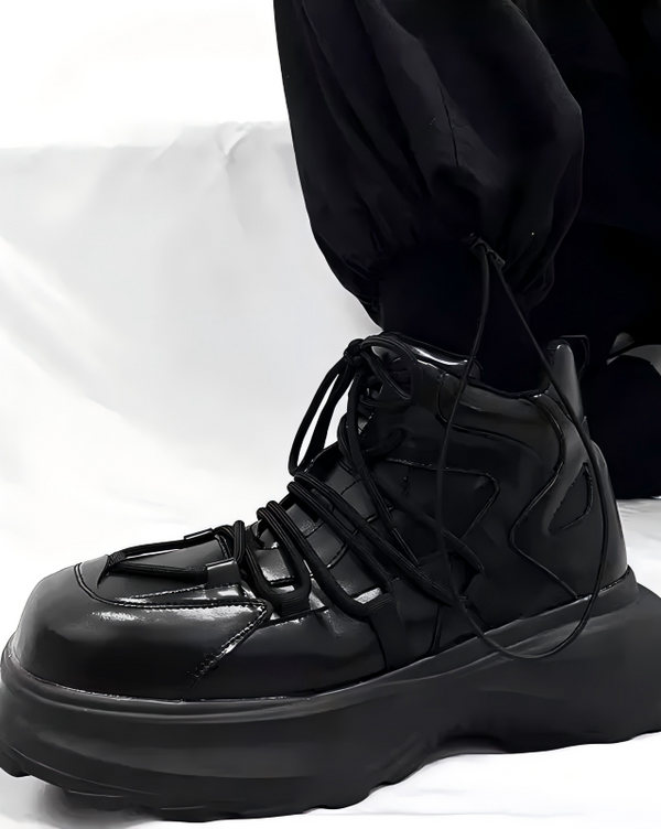 STEP BLOCK SH007 Men's Black Leather High-Top Chunky Platform Streetwear shoes