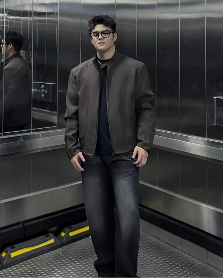 Additional product image of Minimalist Stand Collar Washed Zip-Up Harrington Jacket