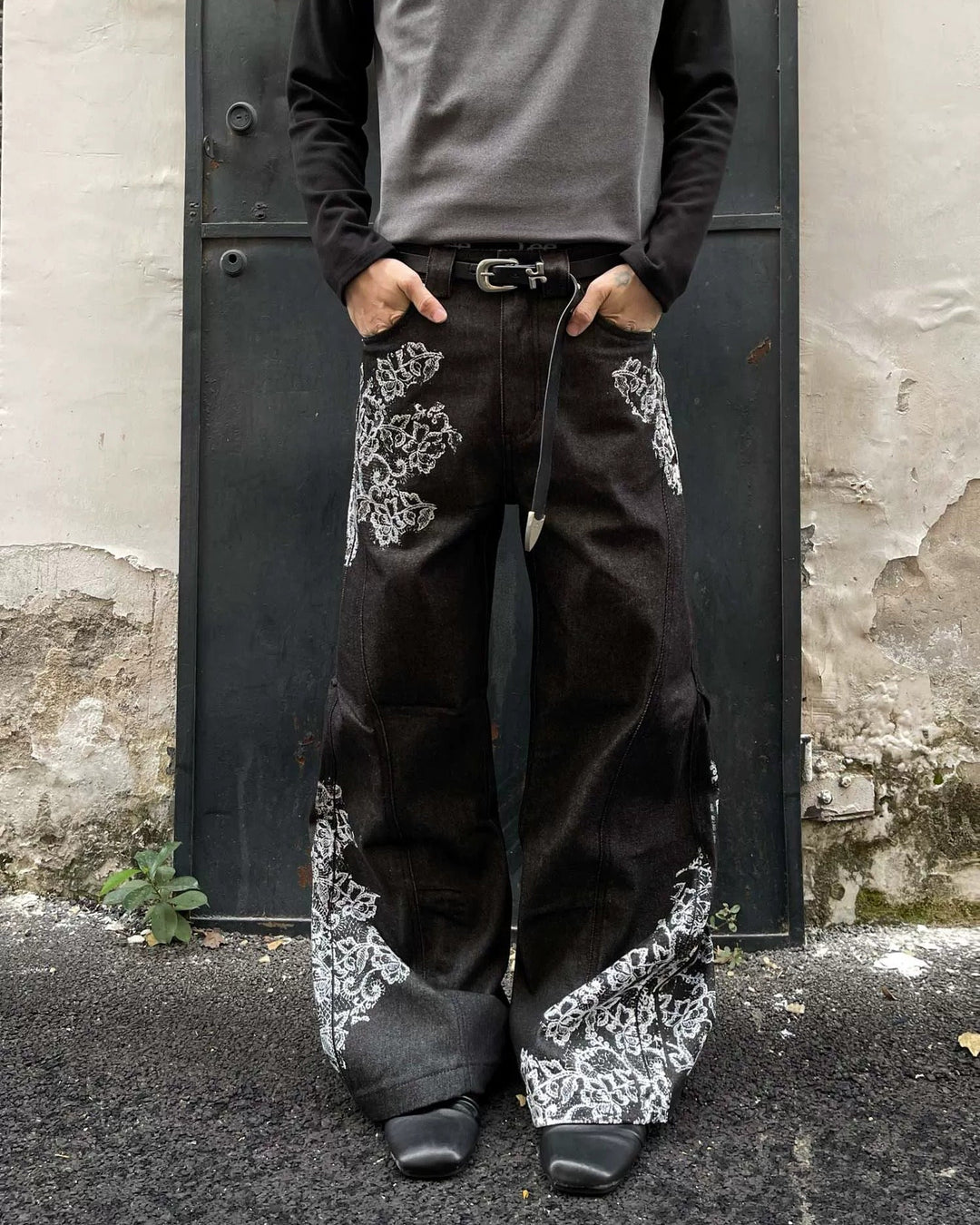 Floral Embroidered Black Baggy Jeans