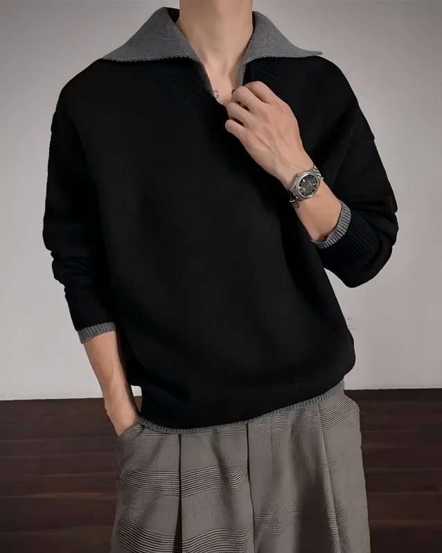 STEP BLOCK ST059 Denim Collar Faux Layered Oversized Knit Sweater