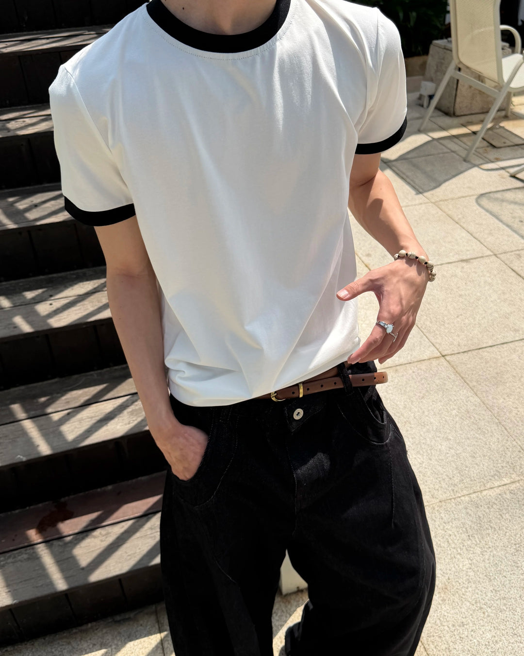 Back view of Black Trim White Oversized T-Shirt