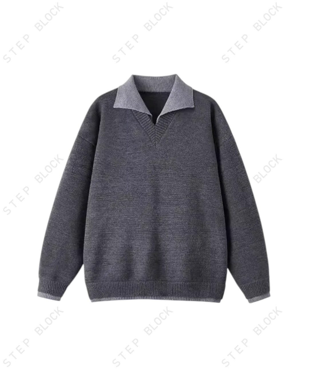 STEP BLOCK ST059 Denim Collar Faux Layered Oversized Knit Sweater