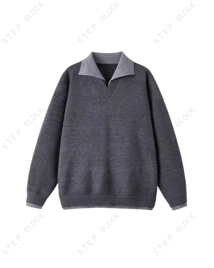 STEP BLOCK ST059 Denim Collar Faux Layered Oversized Knit Sweater