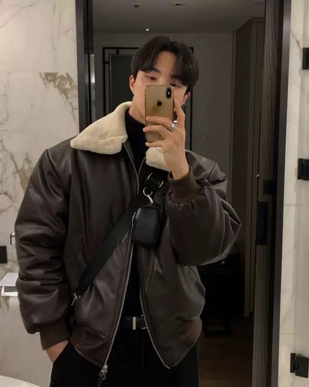 Additional product image of Shearling Collar Leather Bomber Jacket