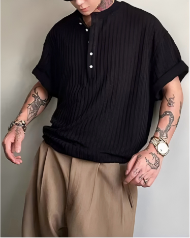 STEP BLOCK MT515 Men's Ribbed Henley Neck Oversized Streetwear tshirt