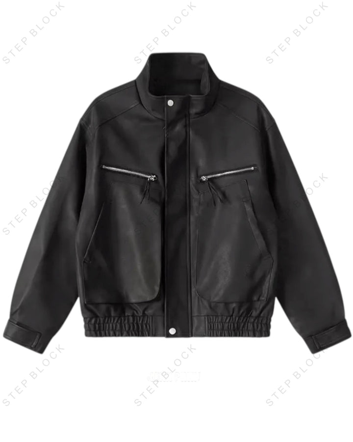 STEP BLOCK ST013 Washed Leather-Look Multi-Zipper Flight Jacket