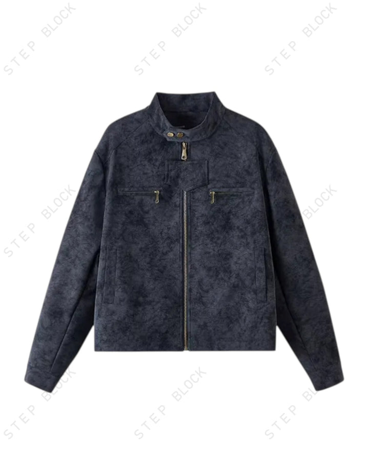 STEP BLOCK ST058 Washed Distressed Minimalist Stand Collar Workwear Jacket