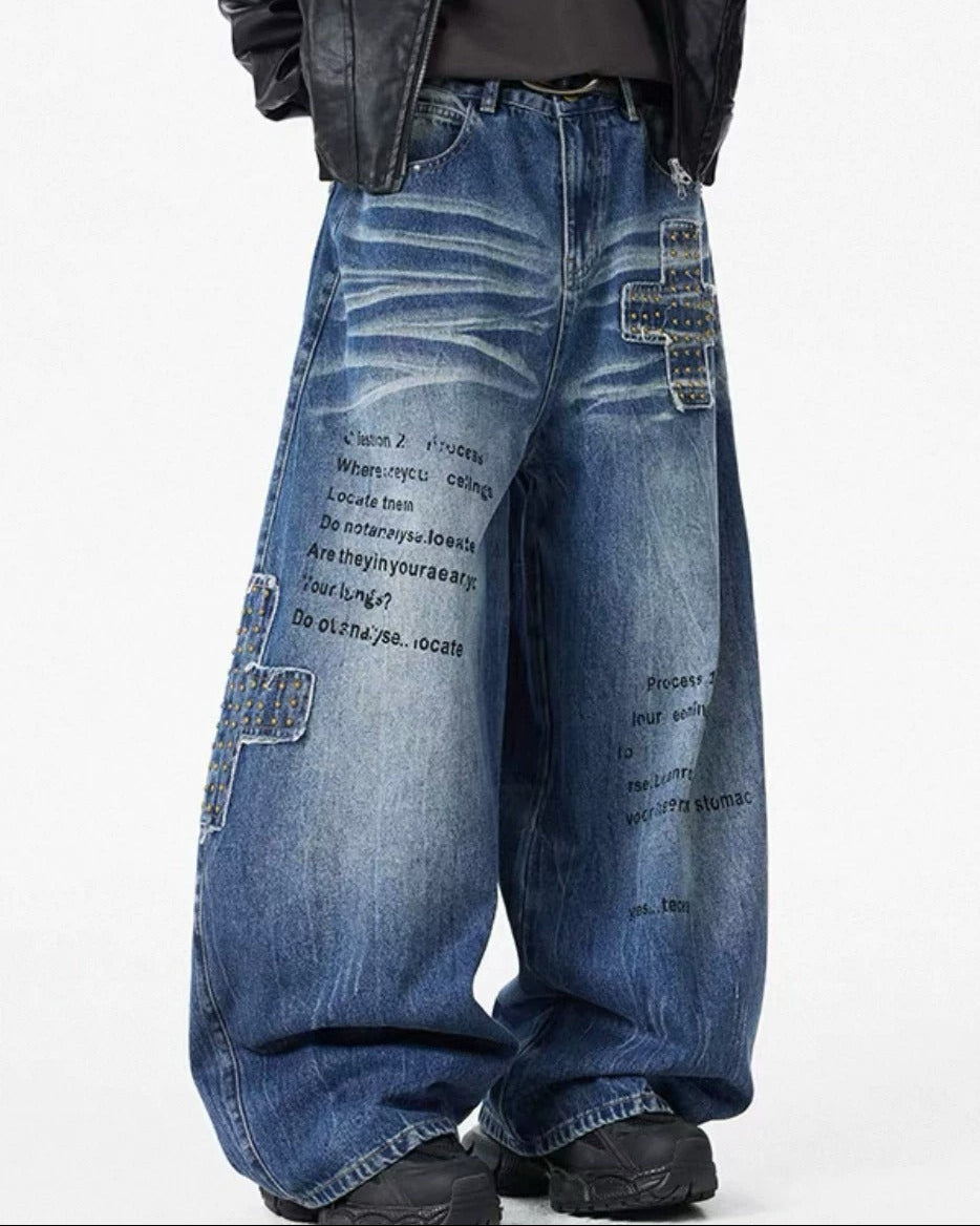 Close-up detail of Vintage Graffiti Baggy Jeans