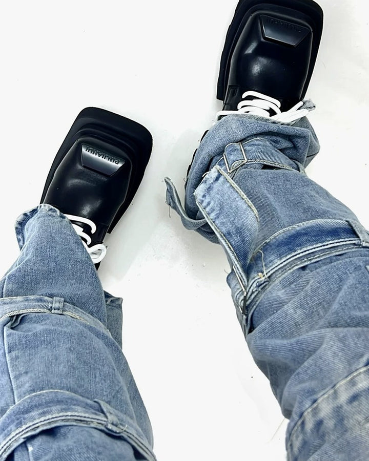 Additional product image of Black Leather Square-Toe Chunky Platform Shoes