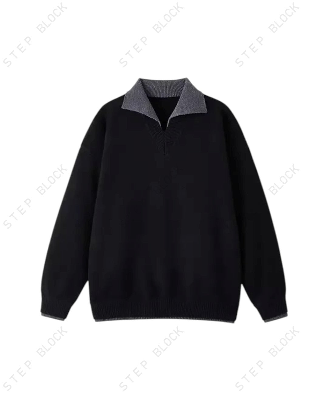 STEP BLOCK ST059 Denim Collar Faux Layered Oversized Knit Sweater