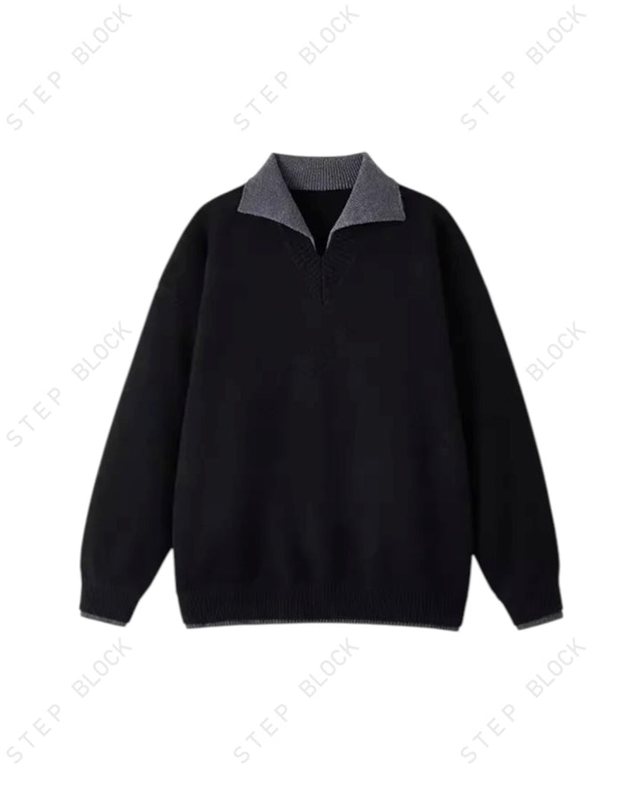 STEP BLOCK ST059 Denim Collar Faux Layered Oversized Knit Sweater