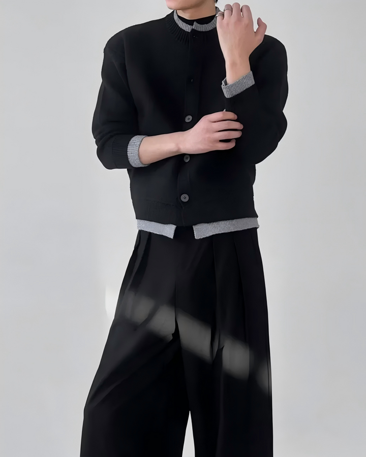 STEP BLOCK MT530 Contrast Trim Crew Neck Knit Cardigan