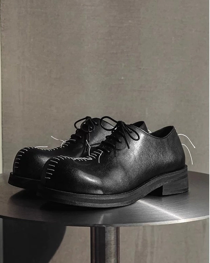 Close-up sole detail of Black Leather Gothic Chunky Heel Shoes