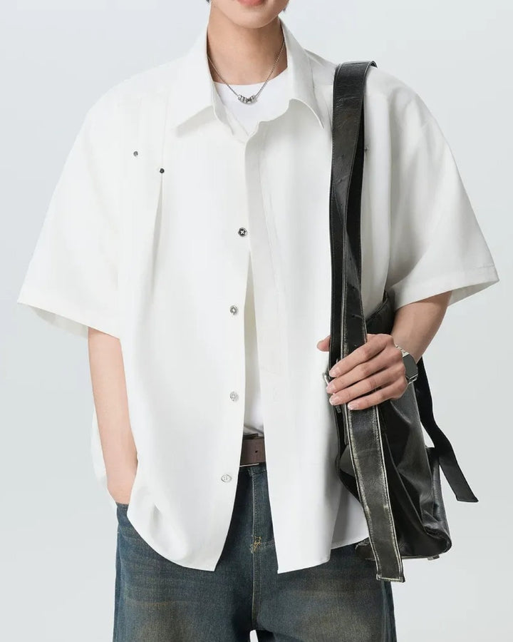 STEP BLOCK MT555 Studded Short Sleeve Button-Up T-Shirt - Streetwear