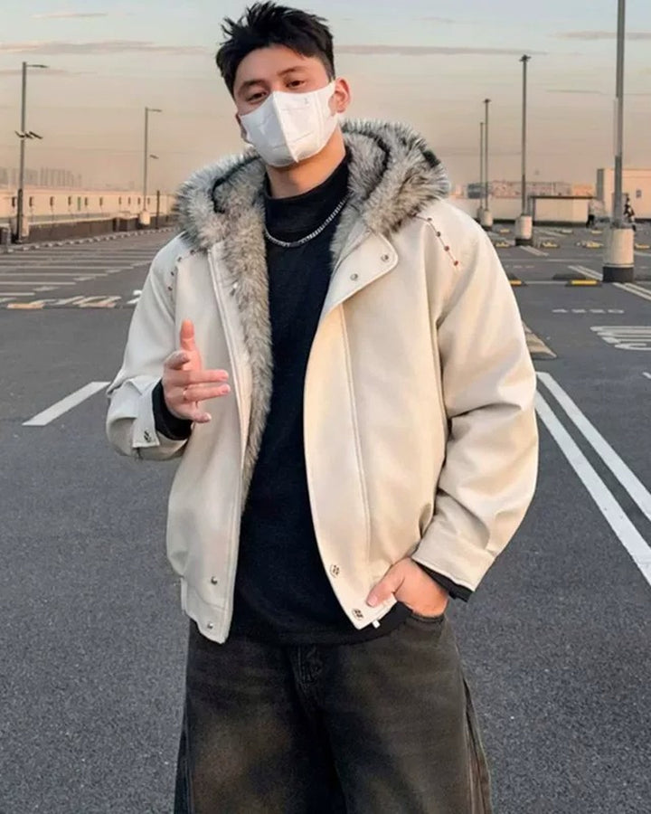 Additional product image of Cropped Shearling Collar Washed Faux Leather Bomber Jacket