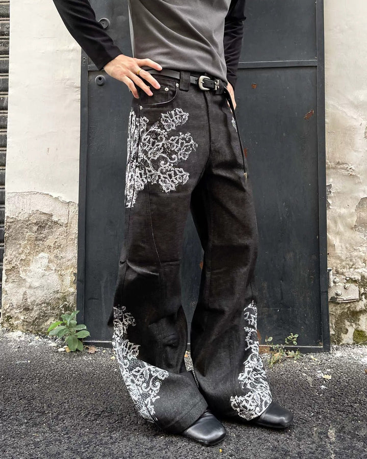 Floral Embroidered Black Baggy Jeans