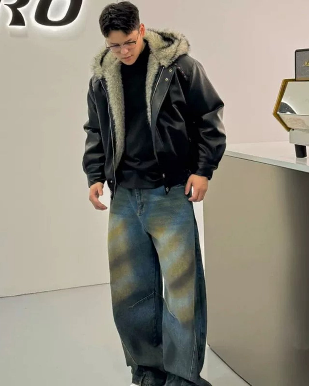 Additional product image of Cropped Shearling Collar Washed Faux Leather Bomber Jacket