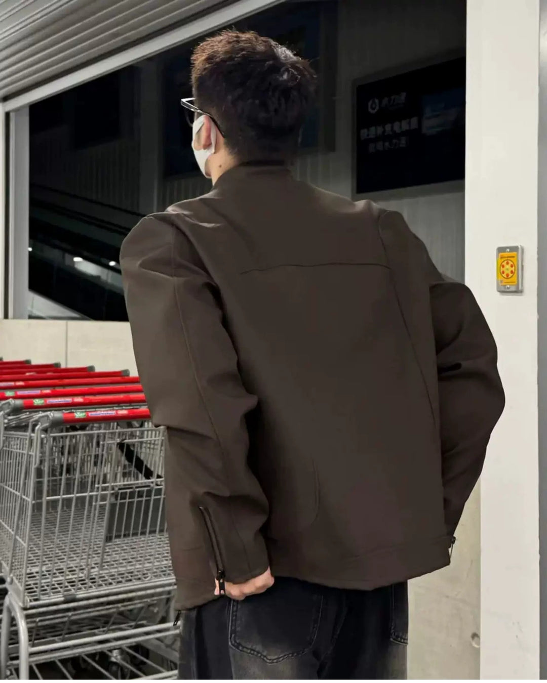 Back view of Minimalist Stand Collar Washed Zip-Up Harrington Jacket