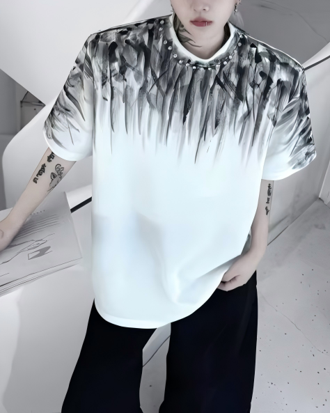 STEP BLOCK MT524 Men's Black & White Gradient Print Oversized Streetwear tshirt
