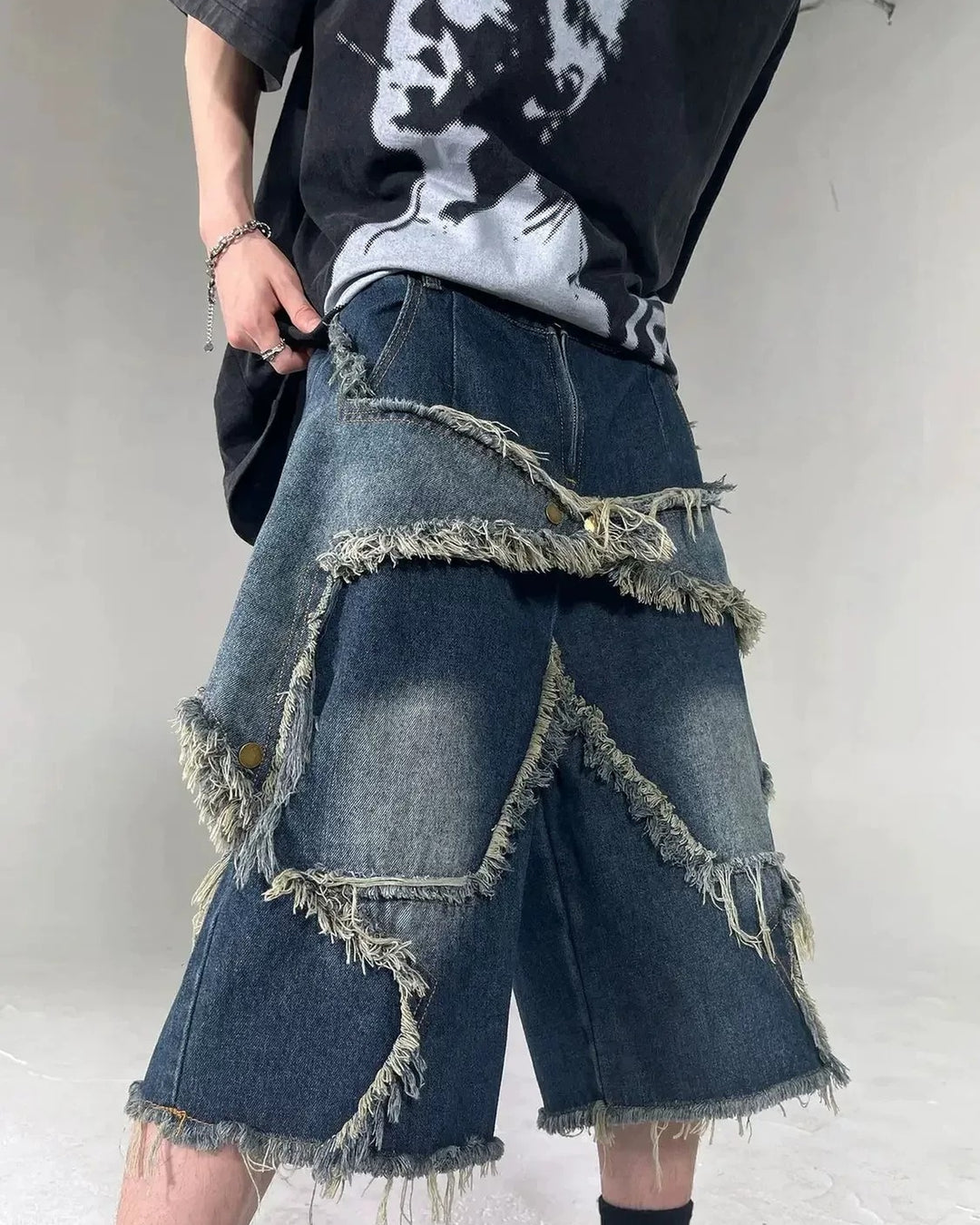 BRYNOR Deconstructed Asymmetric Denim Shorts product photo