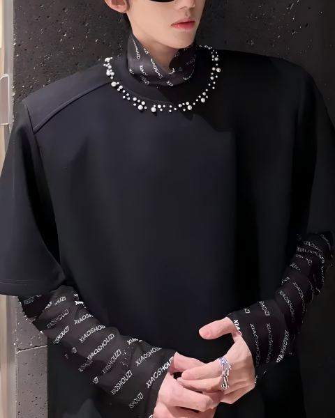 STEP BLOCK MT519 Men's Oversized Streetwear tshirt with Chain Neck Detail