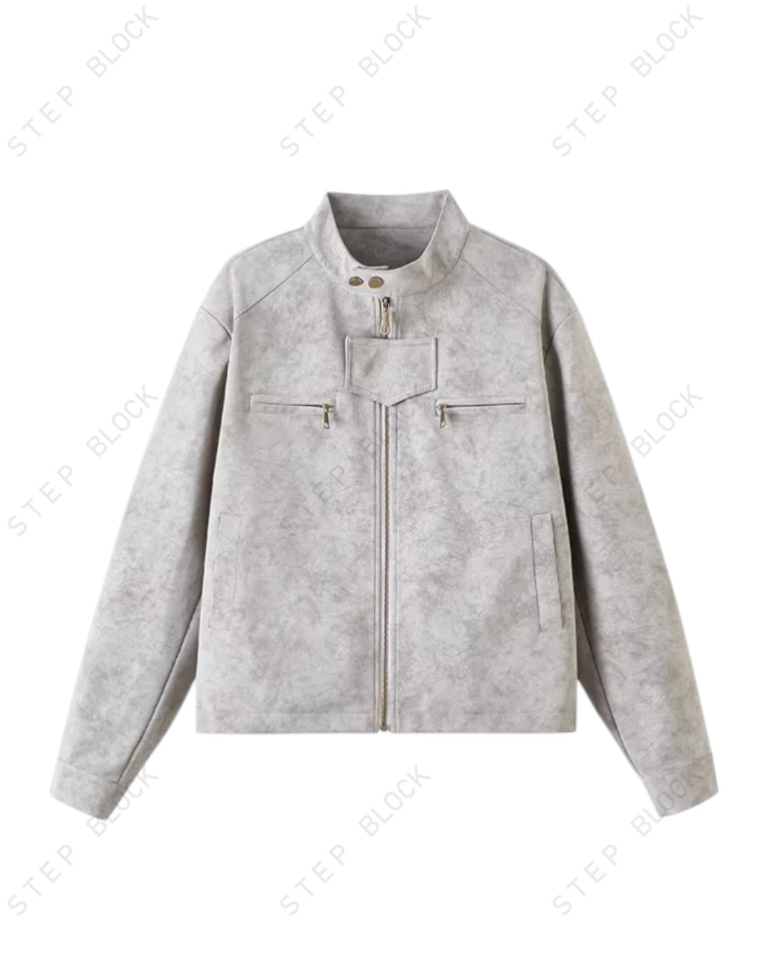 STEP BLOCK ST058 Washed Distressed Minimalist Stand Collar Workwear Jacket