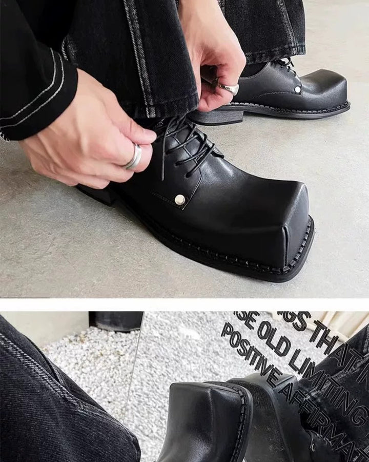 Additional product image of Black Leather Gothic Square-Toe Chunky Heel Shoes