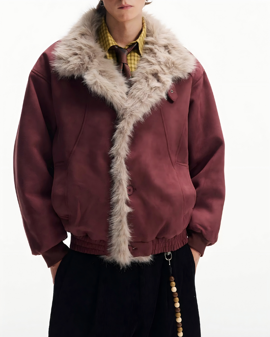 STEP BLOCK ST057 Reversible Shearling Lined Ribbed Collar Bomber Jacket