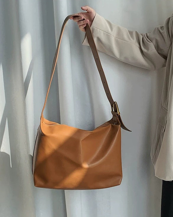 Close-up detail of Oversized Tan Leather-Look Crossbody and Shoulder Bag