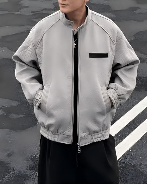 STEP BLOCK ST012 Washed Ribbed Collar Minimalist Bomber Jacket