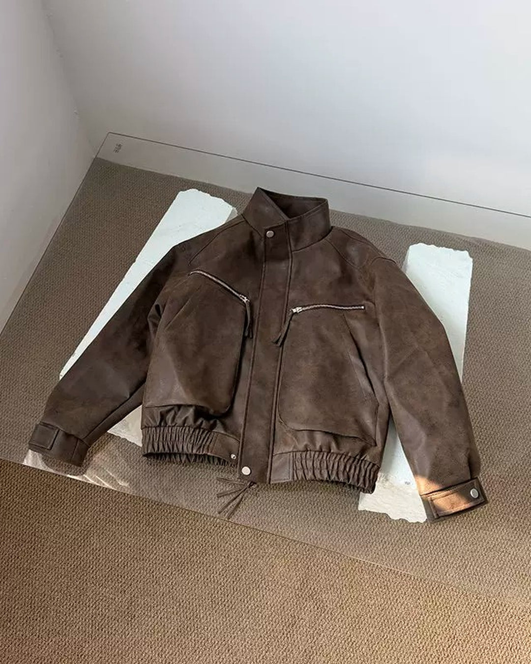 Lifestyle styling view of Washed Multi-Zipper Flight Jacket