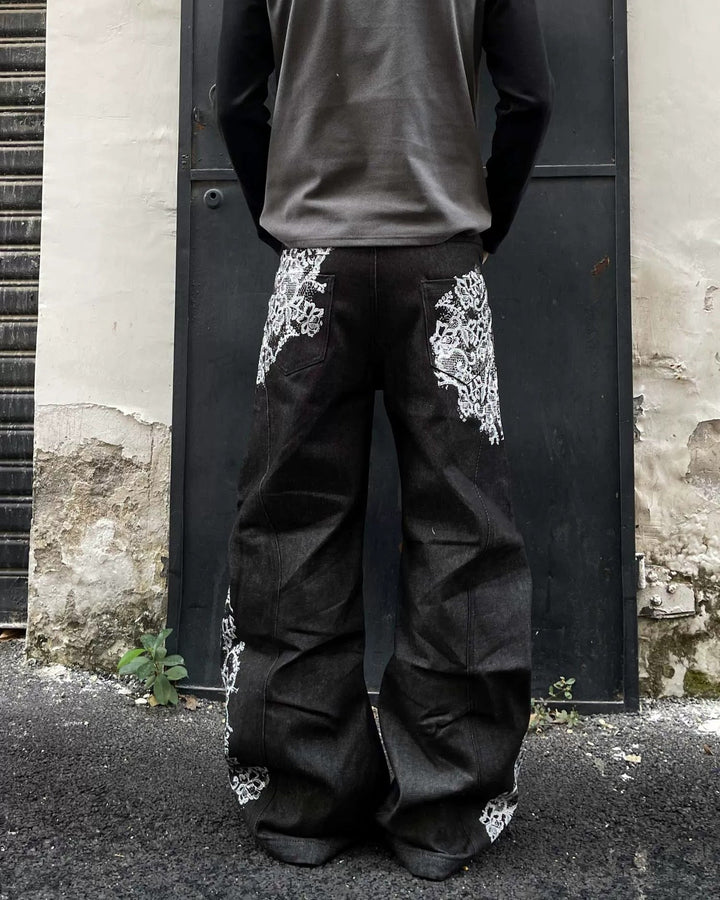 Floral Embroidered Black Baggy Jeans