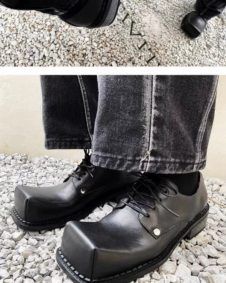 Front view of Black Leather Gothic Square-Toe Chunky Heel Shoes