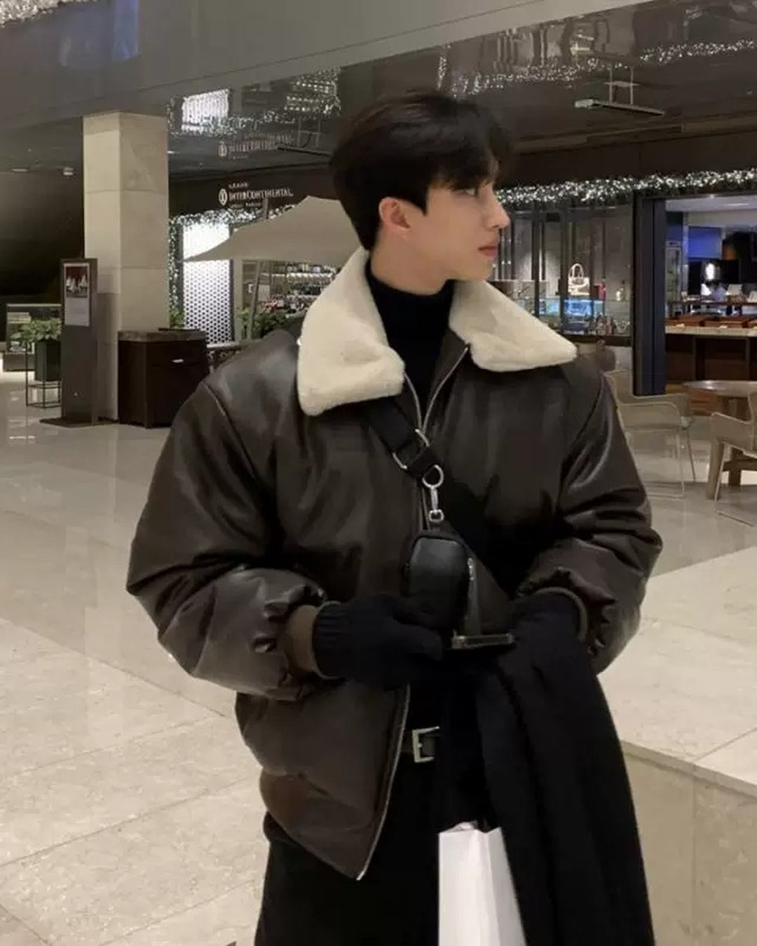 Additional product image of Shearling Collar Leather Bomber Jacket