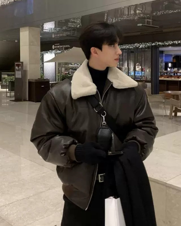 Additional product image of Shearling Collar Leather Bomber Jacket