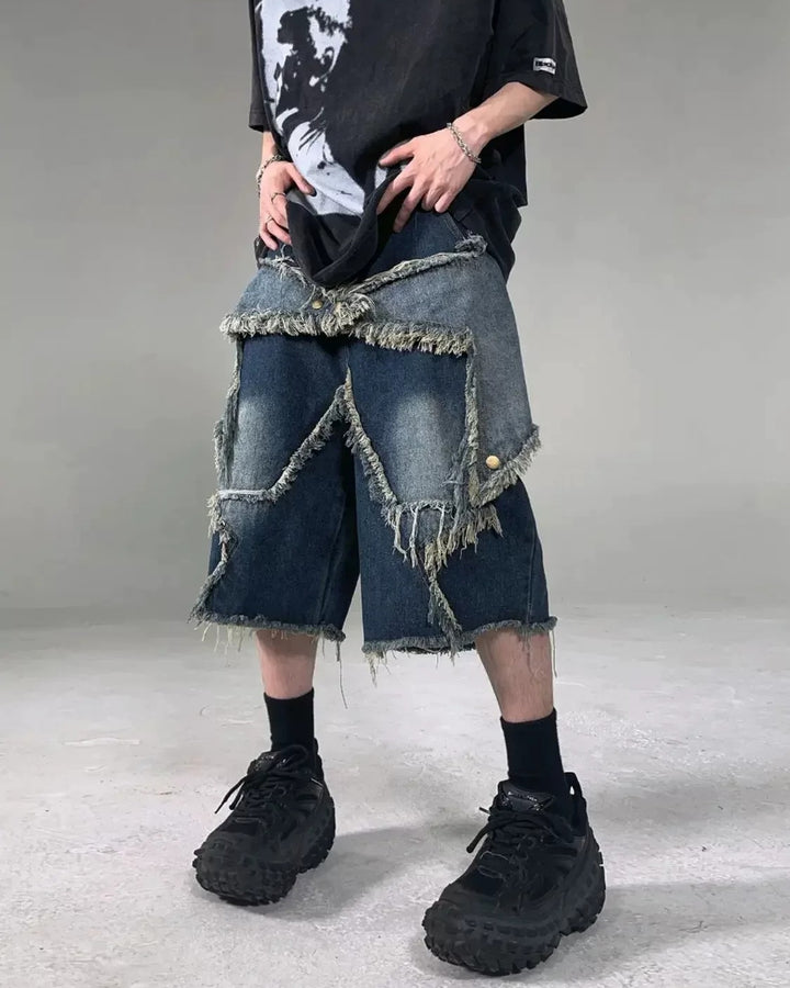 Front view of Deconstructed Asymmetric Denim Shorts