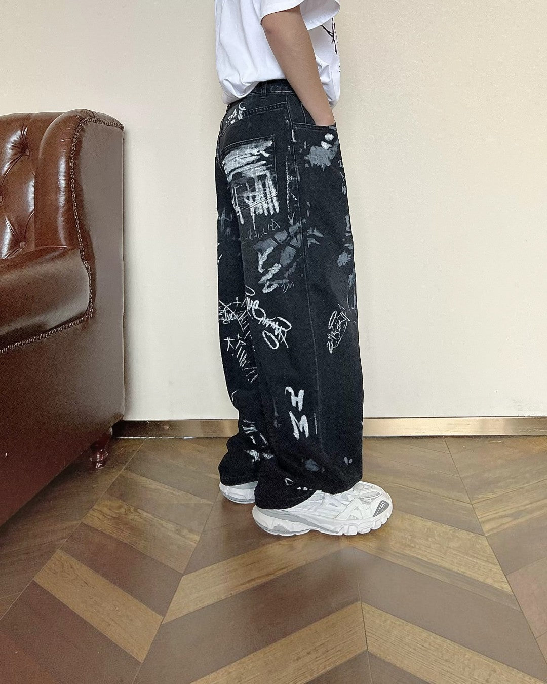 Close-up detail of Graffiti Print Wide Leg Pants